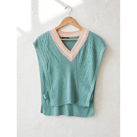Trendyol Sweaters - Trendyol Mint Green Mixed Knit V-Neck Sweater Vest Pink Striped Trim Small